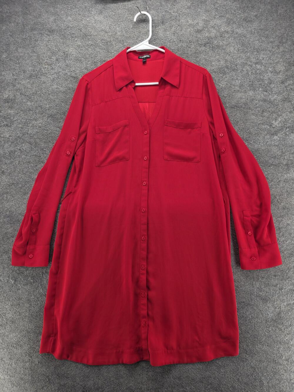 Express Dress Womens L Red Shirt Dress Collared Button Roll Tab Sleeve